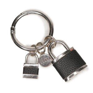 Guess Padlock Keychain Keyring Y2K Retro Faux Leather Wrapped Silver Metal Charm
